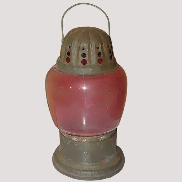 Antique Ice Skating Handheld Red Glass Metal Lantern Lamp Rustic Patina Small - Picture 1 of 13